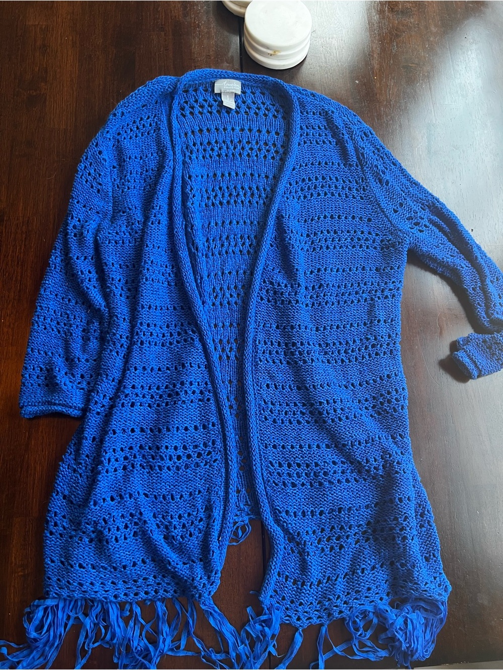 Chico's Royal Blue Open-Knit Fringe Cardigan